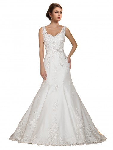 Ivory Mermaid V-Neck Cap Sleeves Chapel Train Wedding Dress Hobart