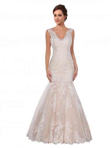 Ivory & Champagne Mermaid V-Neck Chapel Train Modern Wedding Dress Hobart