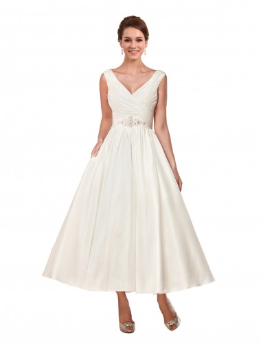 Ivory A-Line V-Neck Ankle Length Wedding Dress Hobart