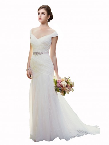 Ivory Mermaid Off the Shoulder Sleeveless Chapel Train Beach Wedding Dress Hobart
