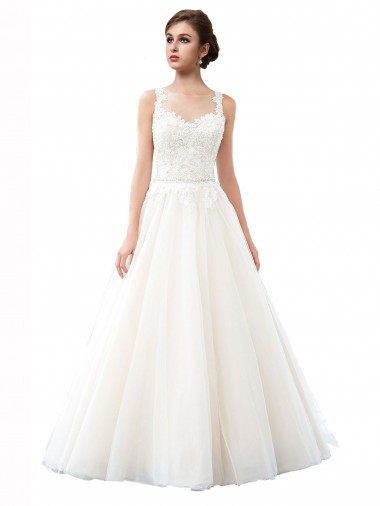 Ivory A-Line Illusion Neck Cathedral Train Beach Wedding Dress Hobart