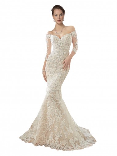Ivory & Champagne Mermaid Off the Shoulder Chapel Train Wedding Dress Hobart