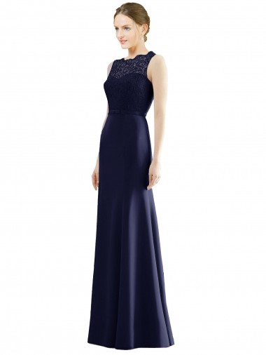 Dark Navy Mermaid Illusion Neck Long Bridesmaid Dress Hobart