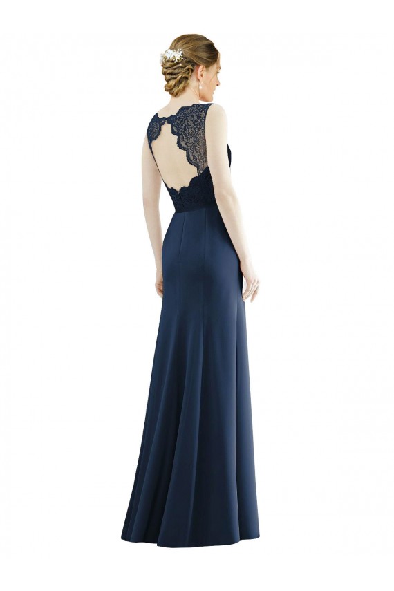 Dark Navy Mermaid Illusion Neck Long Bridesmaid Dress Hobart