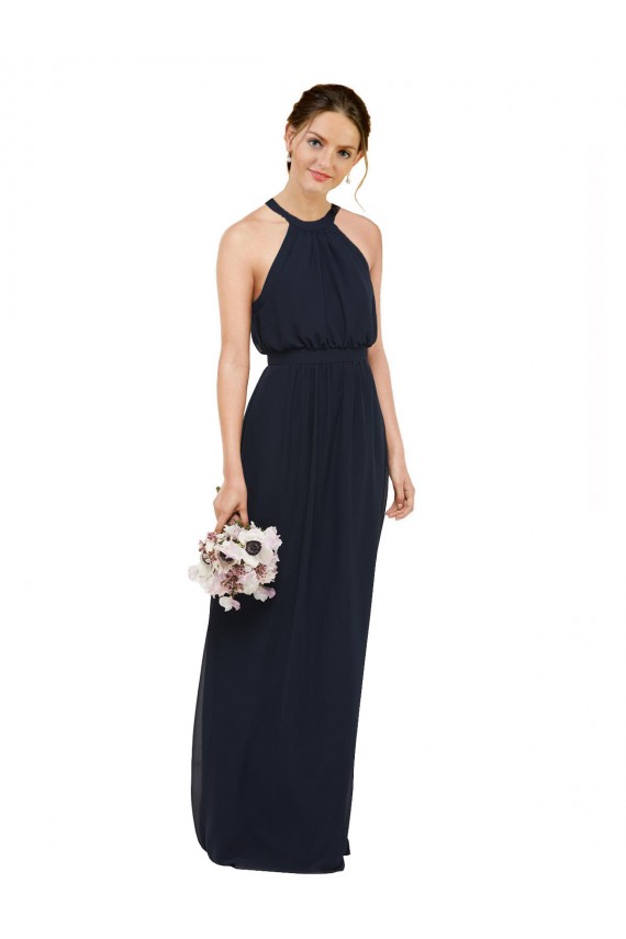 Dark Navy A-Line High Neck Long Bridesmaid Dress Hobart