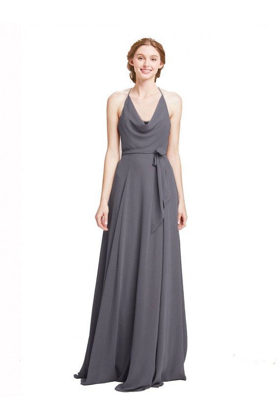 Slate Grey A-Line Halter Neck Long Bridesmaid Dress Hobart