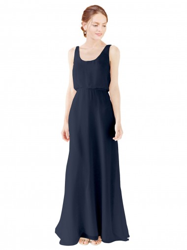 Open Back Dark Navy A-Line Scoop Neck Long Bridesmaid Dress Hobart