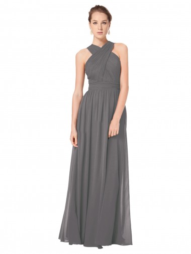Keyhole Back Stormy Silver A-Line Halter Neck Long Bridesmaid Dress Hobart