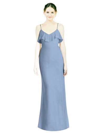 Open Back Dusty Blue A-Line V-Neck Long Bridesmaid Dresses Hobart