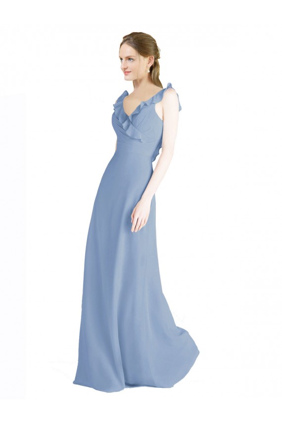 Open Back Dusty Blue A-Line V-Neck Long Floor Length Bridesmaid Dress Hobart