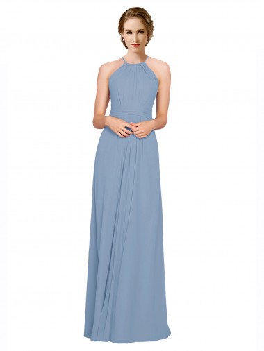 Open Back Dusty Blue A-Line High Neck Long Bridesmaid Dress / Evening Dress Hobart