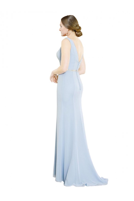 Low Back Light Sky Blue A-Line High Neck Long Bridesmaid Dress Hobart