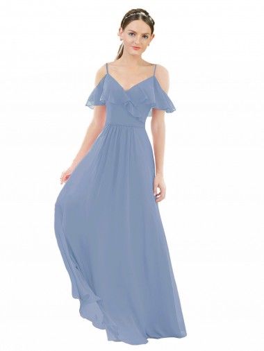 Dusty Blue A-Line V-Neck Long Bridesmaid Dress Hobart