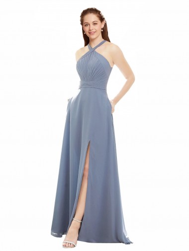 Dusty Blue A-Line High Neck Long Evening Dress / Bridal Party Dress Hobart