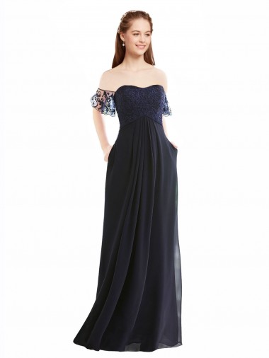 Dark Navy A-Line V-Neck Cap Sleeves Long Formal Dress / Bridesmaid Dress Hobart