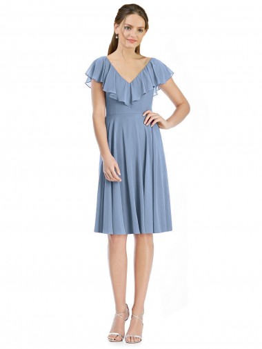 V-Back Dusty Blue A-Line V-Neck Cocktail Length Bridesmaid Dress Hobart