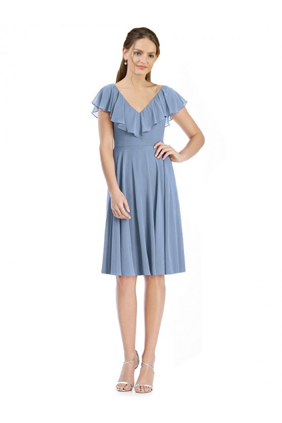 V-Back Dusty Blue A-Line V-Neck Cocktail Length Bridesmaid Dress Hobart