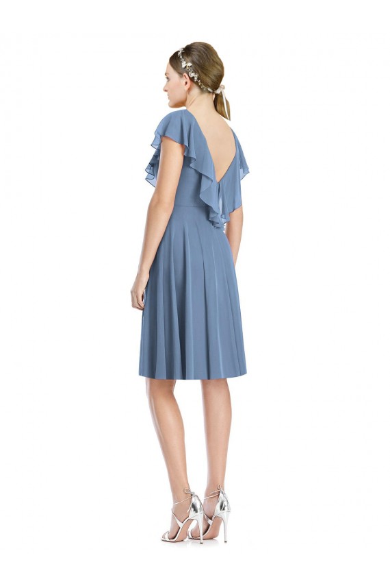 V-Back Dusty Blue A-Line V-Neck Cocktail Length Bridesmaid Dress Hobart
