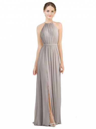 Low Back Oyster Silver A-Line Halter Neck Long Bridesmaid Dress Hobart