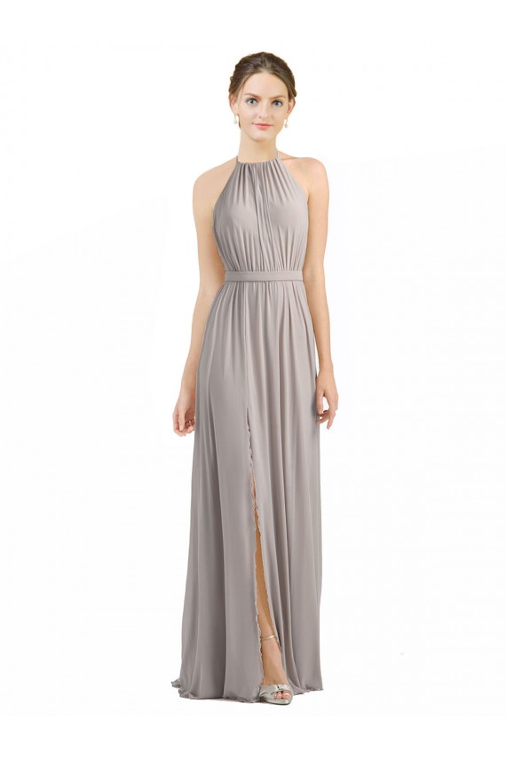 Low Back Oyster Silver A-Line Halter Neck Long Bridesmaid Dress Hobart