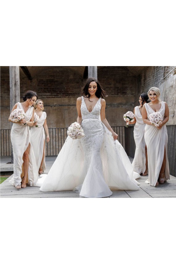 Low Back Champagne A-Line V-Neck Long Bridesmaid Dress Hobart