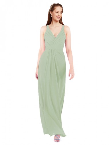 Keyhole Back Smoke Green Sheath V-Neck Long Bridesmaid Dress Hobart