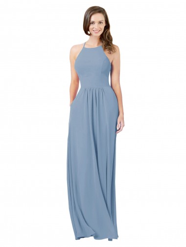 Keyhole Back Dusty Blue A-Line Halter Neck Long Bridesmaid Gowns Hobart