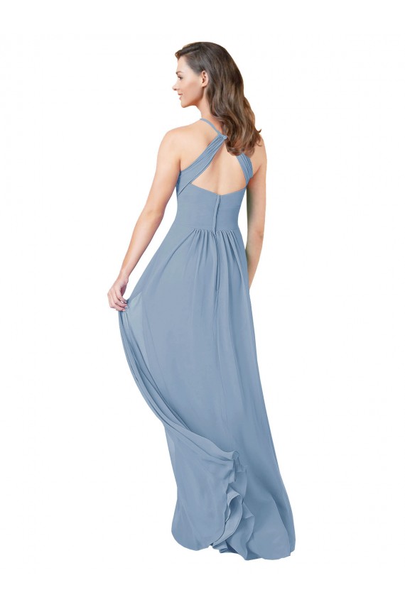 Keyhole Back Dusty Blue A-Line Halter Neck Long Bridesmaid Gowns Hobart