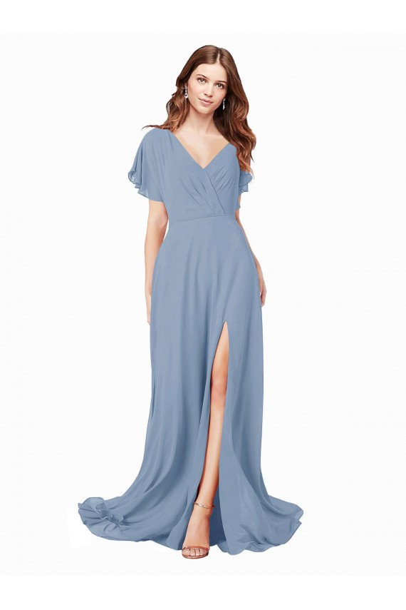 Dusty Blue A-Line V-Neck Long Black Tie Prom Dress / Bridesmaid Dress Hobart
