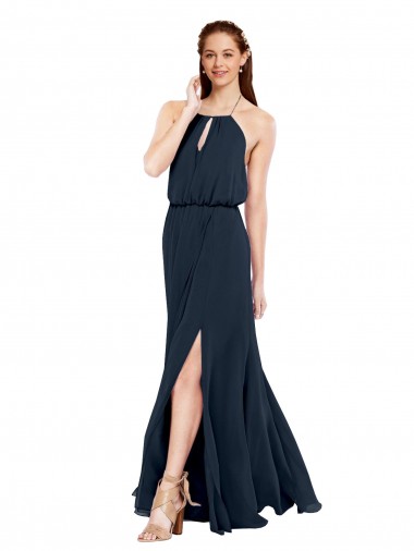 Open Back Dark Navy A-Line Halter Neck Long Bridesmaid Dress / Evening Dress Hobart