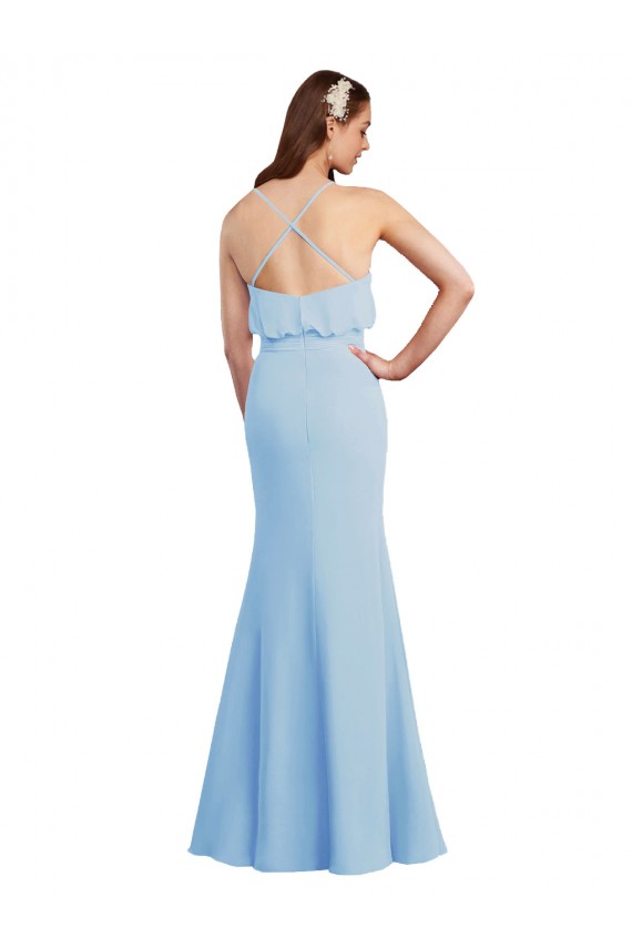 Open Back Light Sky Blue Mermaid V-Neck Long Bridesmaid Dress Hobart