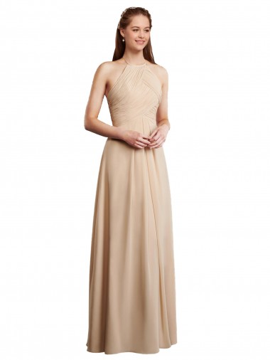 Low Back Champagne A-Line Halter Neck Long Bridesmaid Dress Hobart