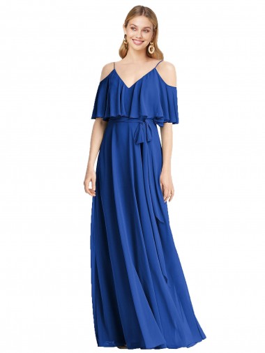 Royal Blue A-Line V-Neck Cold Shoulder Long Bridesmaid Dress Hobart