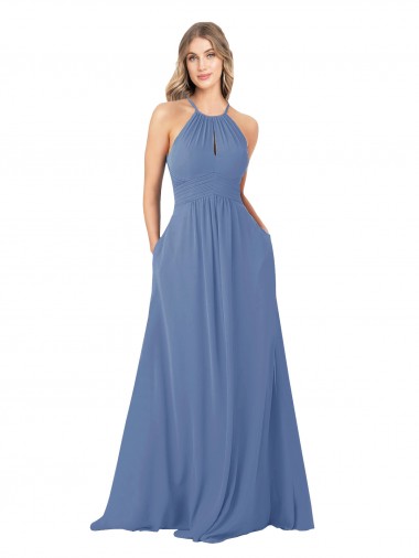 Keyhole Back Windsor Blue A-Line High Neck Long Bridesmaid Dress Hobart