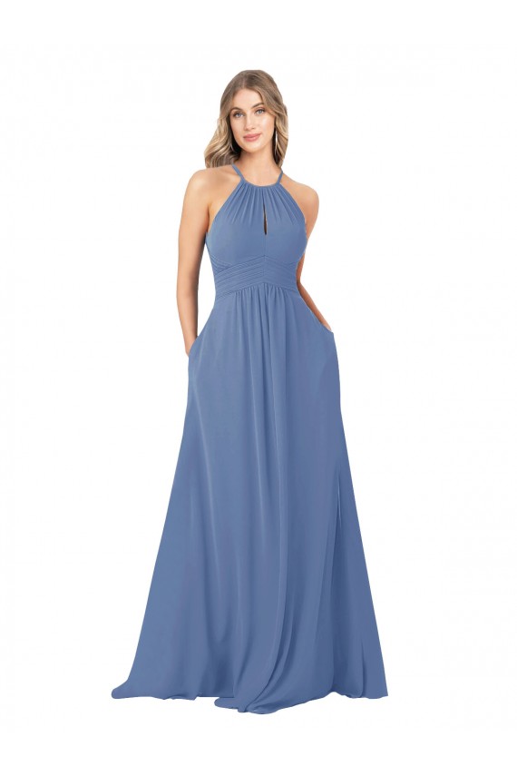 Keyhole Back Windsor Blue A-Line High Neck Long Bridesmaid Dress Hobart