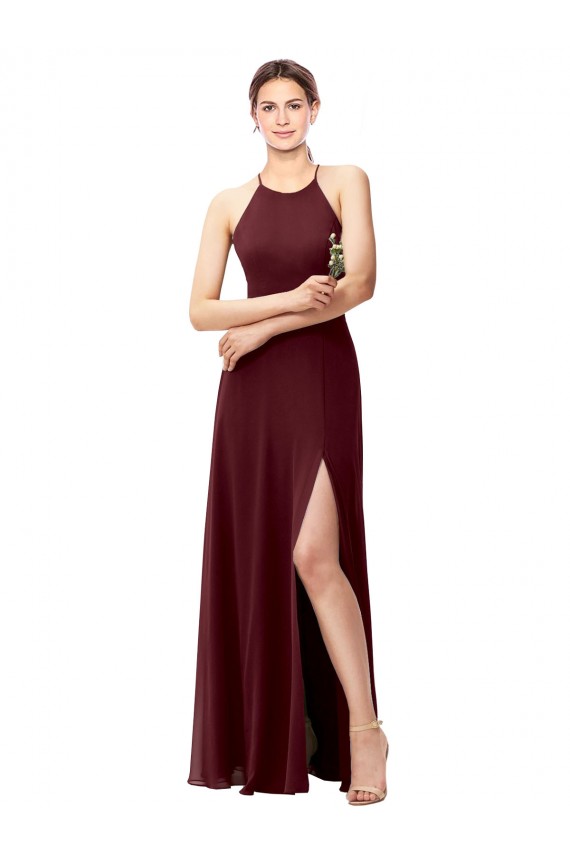Open Back Burgundy Gold A-Line High Neck Long Bridesmaid Dress Hobart