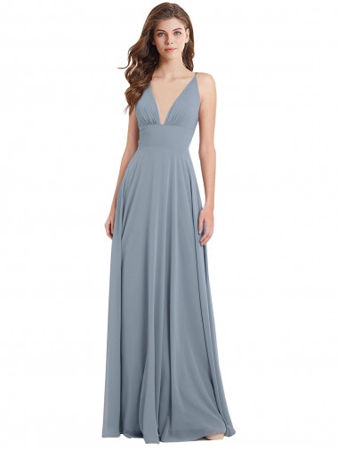 V-Back Dusty Blue A-Line V-Neck Long Bridesmaid Dress / Evening Gowns Hobart