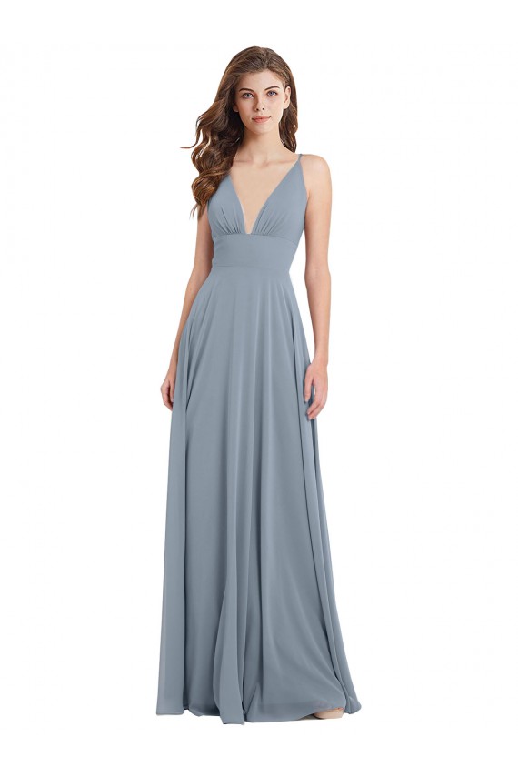 V-Back Dusty Blue A-Line V-Neck Long Bridesmaid Dress / Evening Gowns Hobart