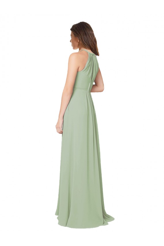 Keyhole Back Smoke Green A-Line Halter Neck Long Bridesmaid Dress Hobart