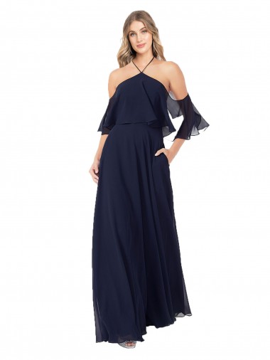 Dark Navy A-Line High Neck Long Formal Dress / Bridesmaid Dress Hobart