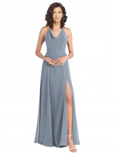 V-Back Dusty Blue A-Line Cowl Neck Long Bridesmaid Dress Hobart