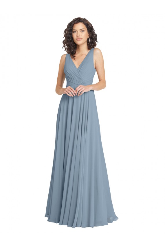 V-Back Dusty Blue A-Line V-Neck Long Bridesmaid Dress Hobart