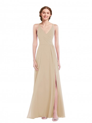 Open Back Champagne A-Line V-Neck Long Semi Formal Evening Dress / Bridesmaid Dress Hobart