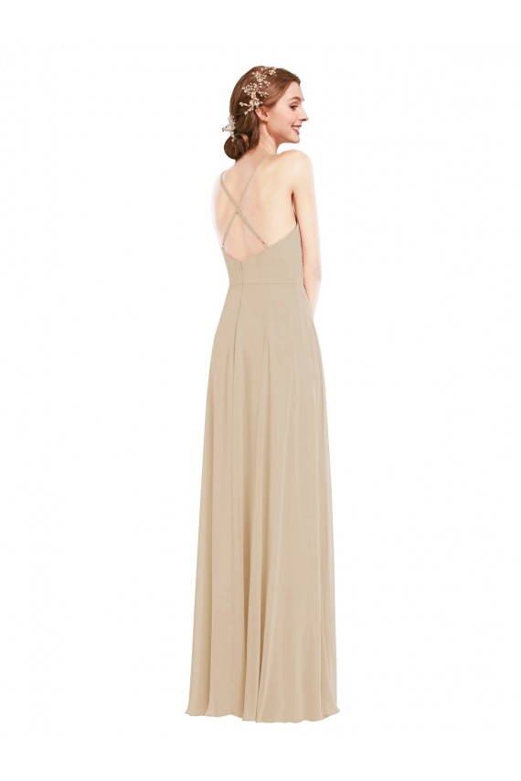 Open Back Champagne A-Line V-Neck Long Semi Formal Evening Dress / Bridesmaid Dress Hobart