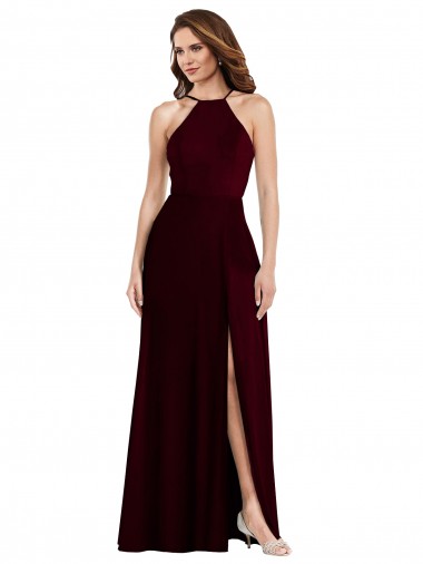 Low Back Burgundy Gold A-Line Halter Neck Long Semi Formal Evening Dress / Bridesmaid Dress Hobart