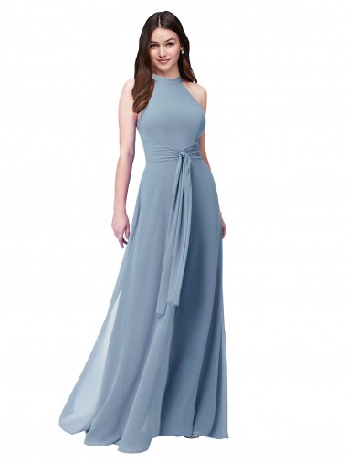 Dusty Blue A-Line High Neck Long Bridesmaid Formal Dress Hobart