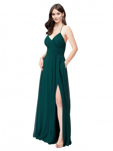 Open Back Hunter Green A-Line V-Neck Long Wedding Party Dress Hobart