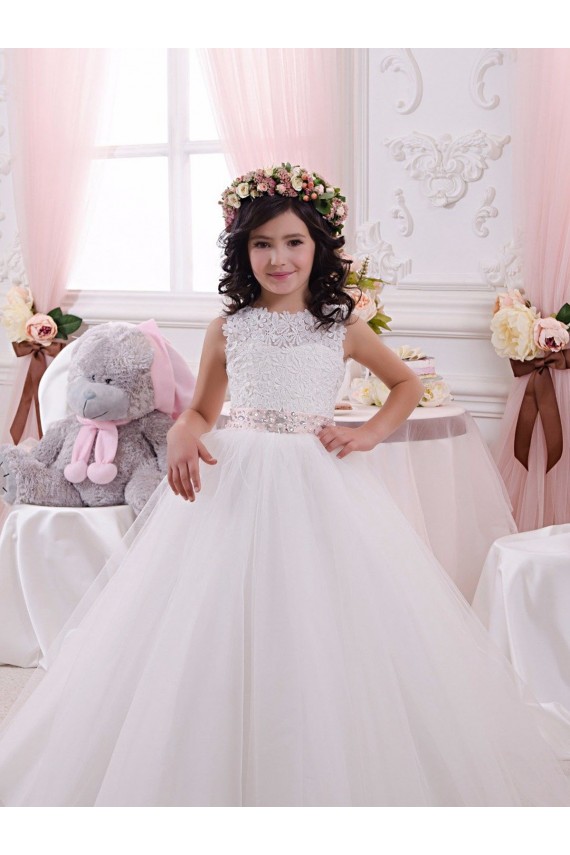 V-Back Ivory Ball Gown Bateau Neck Chapel Train Flower Girl Dress Hobart
