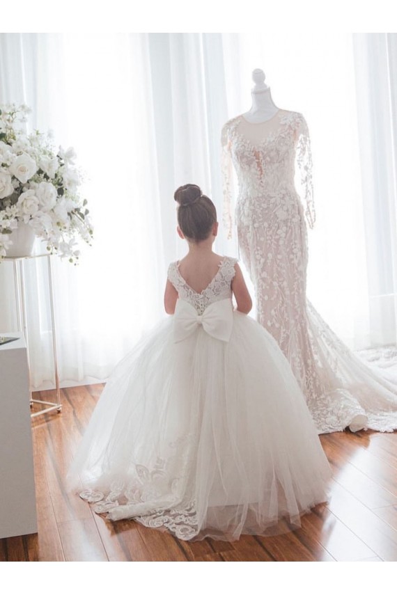 Ivory Ball Gown Bateau Neck Chapel Train Flower Girl Dress Hobart