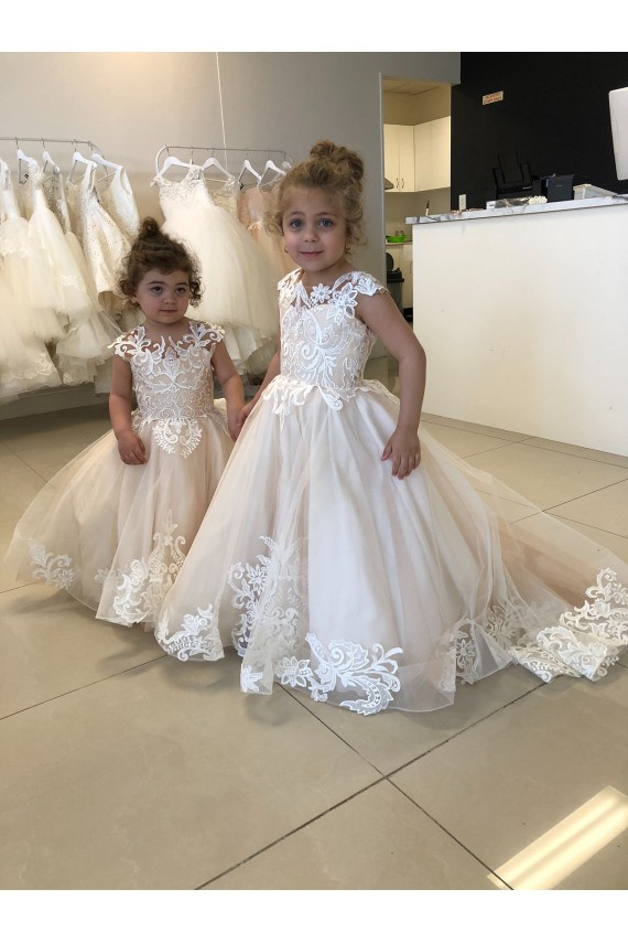 V-Back Ivory Ball Gown Bateau Neck Chapel Train Little Flower Girl Dress Hobart